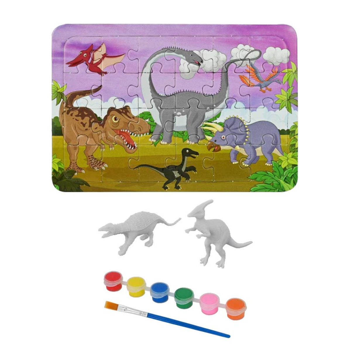 Kit Pintura Dino Com Quebra-cabeça Dinossauros Sortidos - Dm Toys Kit Pintura Dino Com Quebra-cabeça Dinossauros Sortidos - Dm Toys